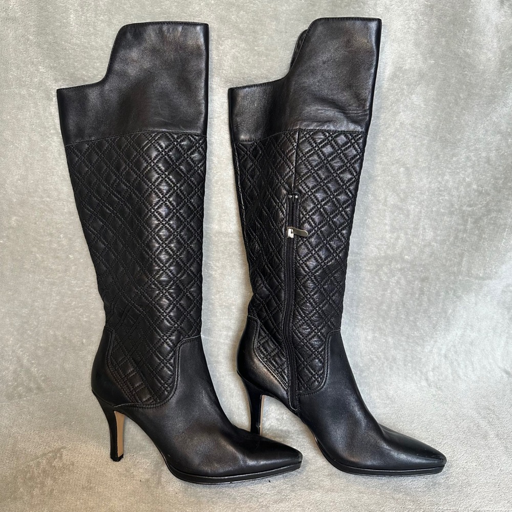 Neiman Marcus Black Leather Quilted Stiletto Heel Knee High Boots Women Size 9